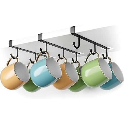 ECROCY Mug Hooks for Cabinet, Clip-On Shelf and Only Fits Flat Cabinet Without Any Lip, 3pcs Mug Holder No Drilling Free Damage