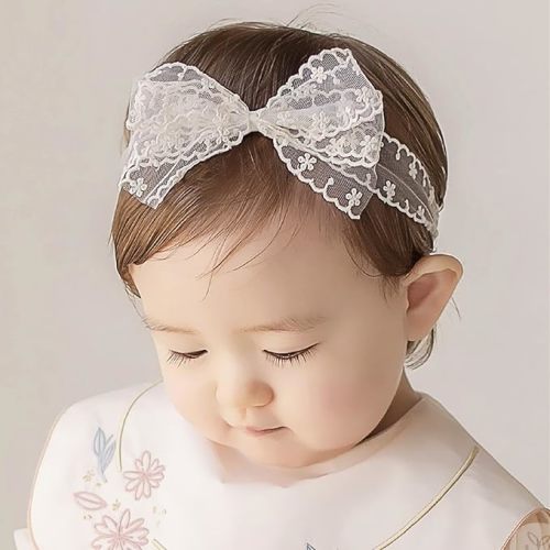 Baby Girls Bow Lace Headband Cute Pink Soft Hairband White Butterfly Knot Headbands for Newborn Infants Toddlers Kids Christening Baptism Party Hair Accessories