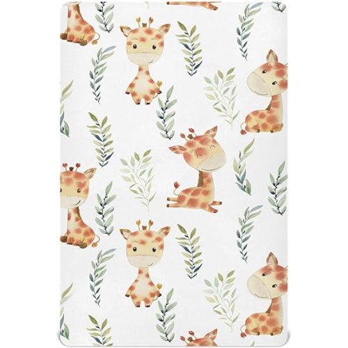 Fitted Crib Sheets Giraffe and Leaves Stretchy Portable Playard Sheets for Baby Toddler, Breathable Soft Mini Crib Mattress 52 x 28 in for Boys and Girls
