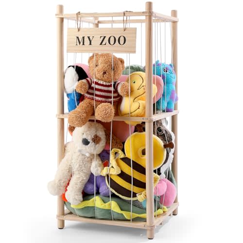 GLDZI Stuffed Animal Storage Zoo, Wooden Stuffed Animal Organizer with Elastic Cords for Boys Girls, Space Saving Toy Plushies Storage Holder for Playroom, Bedroom, Living Room (Burlywood, Small)