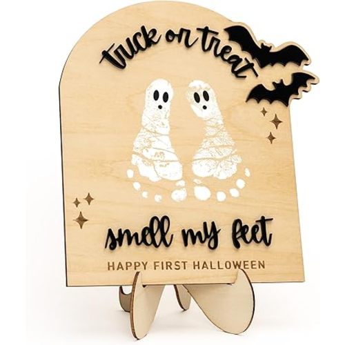 Baby’s First Halloween DIY Footprint Kit – Trick or Treat Wooden Milestone Card Keepsake Sign – Baby halloween Nursery Tabletop Décor, Newborn, halloween Kids stuff