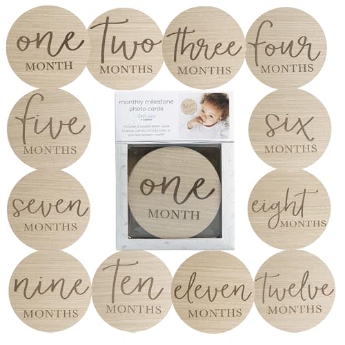 Little Pear Wooden Milestone Photo Cards - Double-Sided Baby Announcement Discs, Ideal Photo Prop for Monthly Pregnancy Journey and Baby Milestones, 1-12 Months, Light Wood