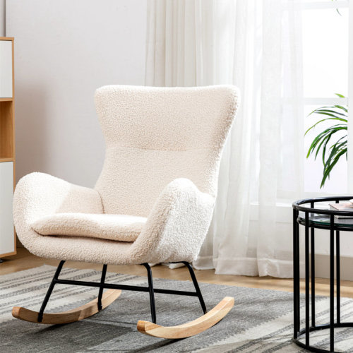 Teddy Fabric Seat Rocking Chair With High Backrest And Armrests