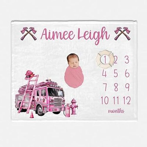 Girl Fireman Baby Milestone Blanket, Fire Truck Wrap, Baby Cover, Firefighter Milestone, Fireman Theme, Newborn Month Throw, Soft Flannel Photography Background Prop, Personalized Shower Gift