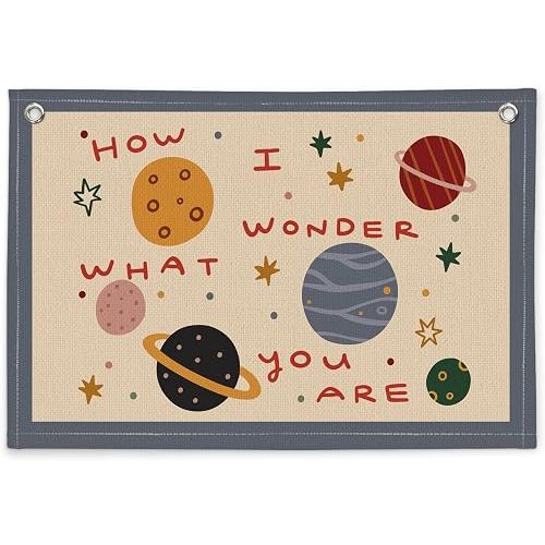 Space Nursery Decor Canvas Wall Hanging Banner, How I Wonder What You Are Nursery Sign Outer Space Planet Wall Banner Flag for Kids Toddler Room Bedroom Playroom Decor, 20x30 Inch