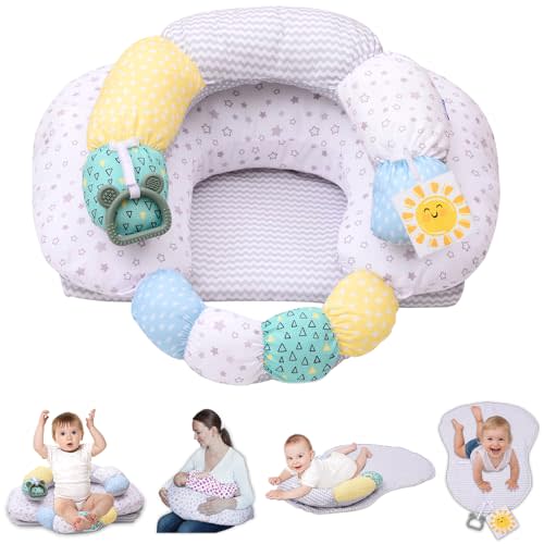 MIIMER 4-in-1 Tummy Time & Nursing Pillow with High, Firm, Large Area, Detachable Seated Support Cushion, Removable and Machine Washable Slipcovers, Baby Play Mat and Toys 0-24 Months