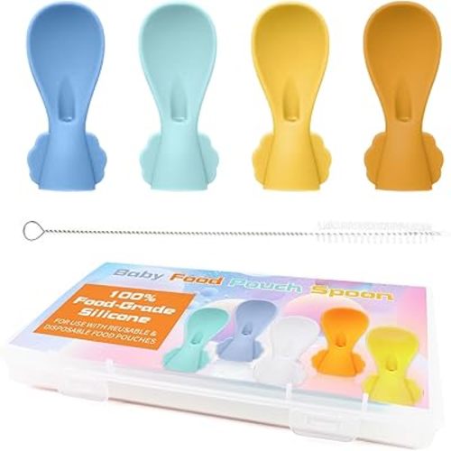 Silicone Infant Spoons & Baby Food Pouches Attachment Topper: Hassle-Free, Secure Spoon for Baby Nutrition, Perfect for Various Food Pouches, Suitable for 3+ Months Infants 4-Pack.