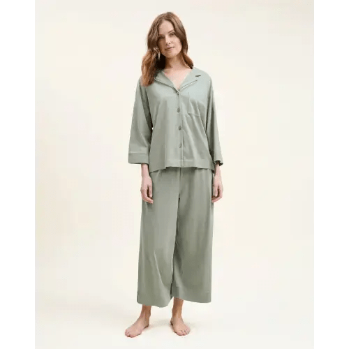 The Olivia Wide Leg Pima Pajama Set in Sage