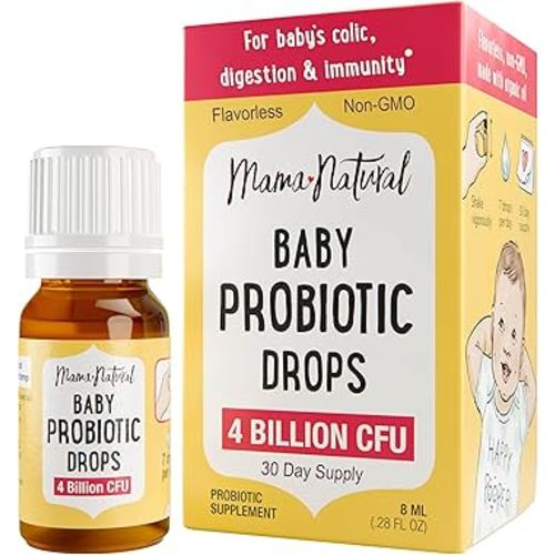 Mama Natural Baby Probiotic Drops (0.28 Fl Oz) | 4 Billion CFU Pediatrician-Tested Infant Probiotic Helps with Colic Relief for Newborns & Constipation Ease for Infants - Unflavored Baby Gas Drops