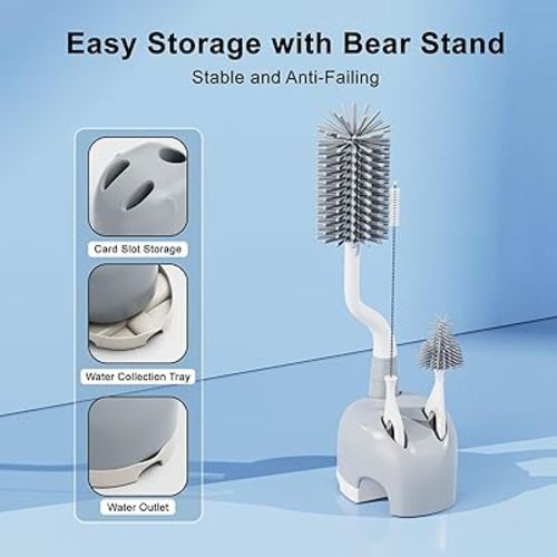 Silicone Bottle Brush Set with Stand, 360° Rotating Bottle Brush Cleaning Set