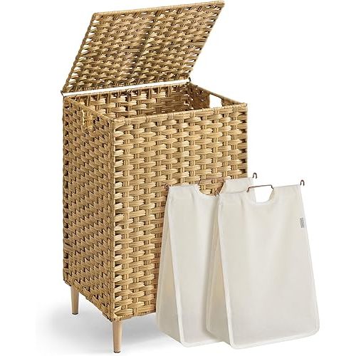 SONGMICS Laundry Hamper with Lid, PE Rattan Laundry Basket with Removable Liner, Storage Basket for Bedroom Living Room, 2-Section Sorter, 29 Gallons (110 L), Goose Yellow ULCB222YE01