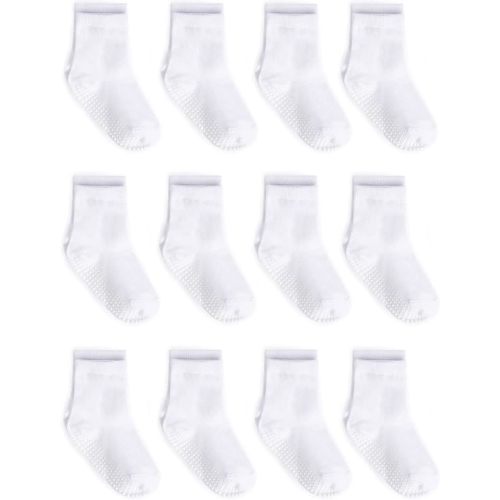 Zaples Grip Crew Socks with Non Slip/Anti Skid Soles for Baby Infants Toddlers Kids Boys Girls - 0-6 Months - White