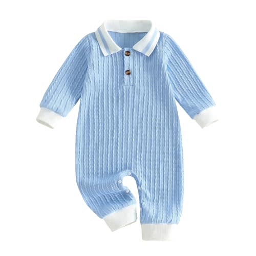 Newborn Baby Boy Clothes Textured Collared Romper Long Sleeve Button-UP One Piece Jumpsuit Solid Color Fall Outfit