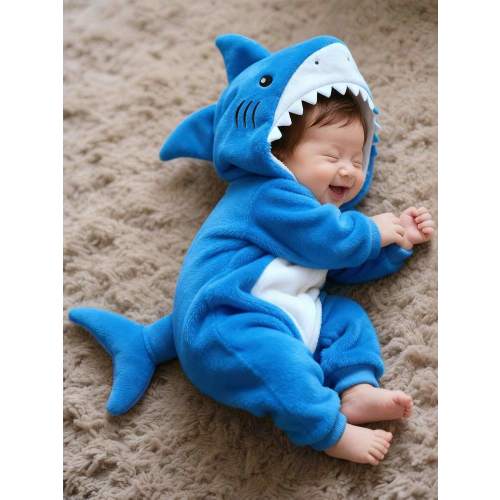SHEIN Newborn Shark Shaped Outfit, Cute Plush Shark Shaped 3D Beanie Hat, Embroidered Shark Graphic Long Sleeve Jumpsuit For Baby Autumn Fall | SHEIN USA