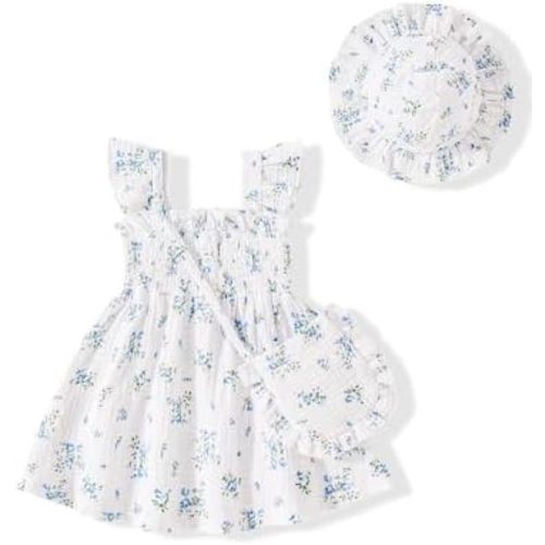 Vibebox Baby Girl Ruffle Sleeveless Dresses Newborn Girls Summer Button Dress Birthday Gifts Clothes with Cute Hat and Bag