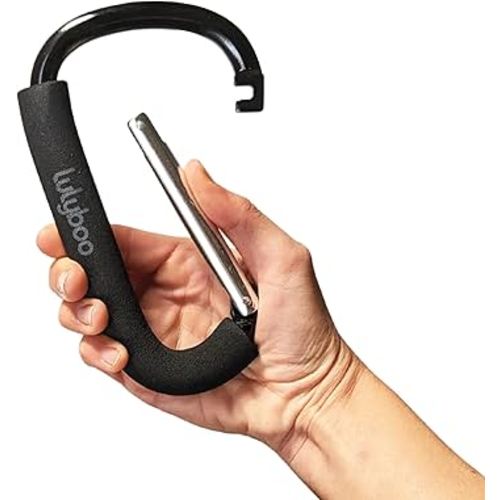 Lulyboo Multi-Use Metal Organizer Hook - Heavy-Duty Stroller, Diaper Bag & Purse Carabiner with Spring-Loaded Closure, EVA Grip, Black - Lightweight, Versatile, Holds Up to 99 lbs