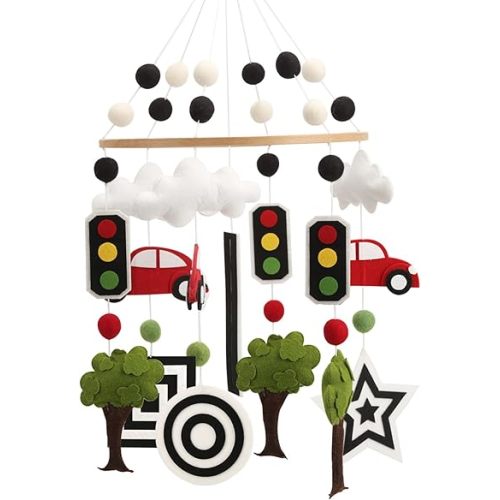 High Contrast Mobile - Black and White Crib Mobile for Development with red Cars, Green Trees and Black and White Patterns