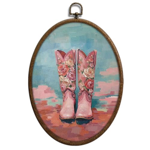 Coastal Cowgirl Floral Boots Oval Wall Decor, Pink Western Room Decor, Vintage Coastal Cowgirl Decors, Waterproof Trendy Preppy Girly Oval Hanging Art for Living Room Bedroom Bathroom Apartment, 37