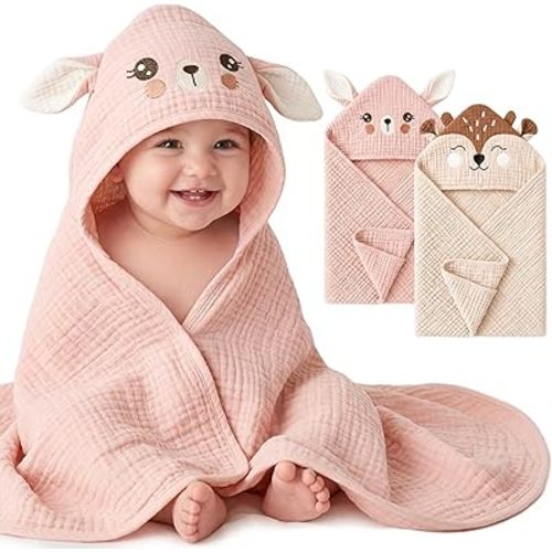 Konssy 2-Pack Muslin Baby Hooded Towels, 100% Cotton, Soft and Absorbent Baby Bath Towels for Newborn, Infant & Toddler with Animal Hooded Design(Bunny & Deer)