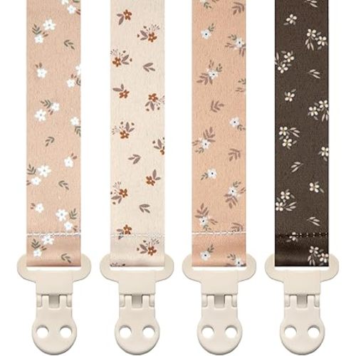 Stadela Baby Pacifier Clip Holder - Girl 4 Pack Gift Set – Boho Modern Neutral Flowers Floral (Allysa)