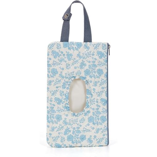 Quilted Wipe Pouch Portable Hanging Floral Wet Wipes Bag for Car, Stroller (Blue 4)