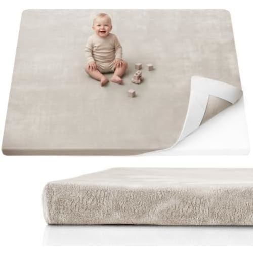 Blissful Diary 1.3" Thick Baby Play Mat, 71x59 Playpen Mat with Removable & Washable Cover, Ultra Soft Crawling Rug for Floor, Foam Cushion & Non-Slip Backing for Kid, Toddlers and Infants, Beige