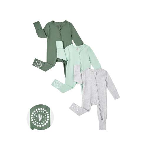 Bamboo Baby Boy / Girl 3-Pack Solid&Rainbow Printed 2-Way Zip Onesies Anti Slip Long-sleeve Footie Green