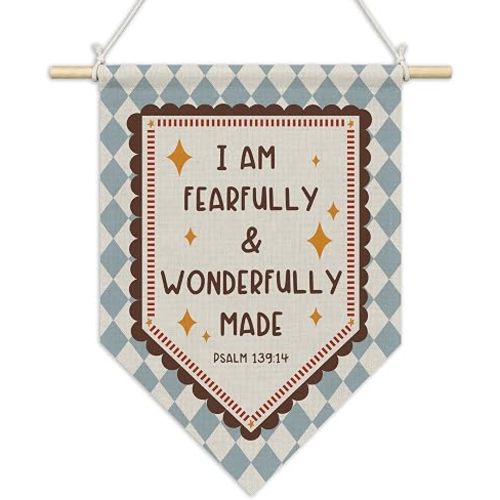 CGBHW Christian Nursery Wall Art Pennant Flag 11x15 Inch, I Am Fearfully and Wonderfully Made Wall Banner Hanging Decorations, Religious Bible Verses Hanging Decor for Kids Room Bedroom Playroom