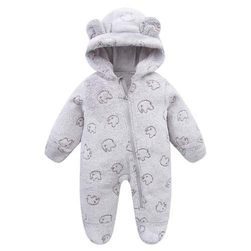 Caqnni Baby Polar Fleece Jacket Hooded Romper Winter Outwear Jumpsuit Snowsuit Bear Ear Outfits for Boys Girls (0-3 Months,Gray)