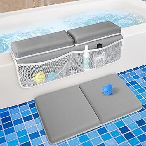 Bath Kneeler and Elbow Kneeling Rest Pad for Baby Bathing Parents, Comfortable Extra Thick Bath Kneeler Pad for Bathtub, Non Slip Pad Baby Bath Essentials with Bath Toy Storage for Tub-Grey