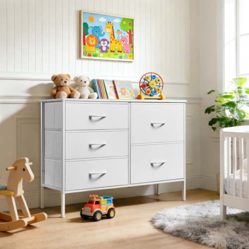 5 Drawers Dresser, Storage Dresser Organizer with Drawers, Chest of Drawers, TV Stand Dresser with Metal Frame and Wood Tabletop for Bedroom, Guest Room, Closet, Entryway, Nursery, White