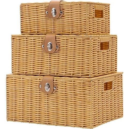 Wicker Storage Baskets with Lids, Set of 3 Decorative Storage Boxes For Organizing, Woven Baskets with Leather Lock and Handles (Beige)