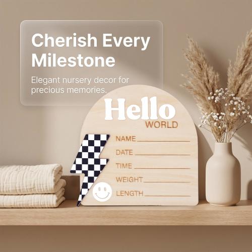 Checkered Lightning Bolt Birth Stats Sign | Retro Groovy Baby Name Plaque | Hello World Arch Photo Prop | Smiley Face Nursery Decor | Gift