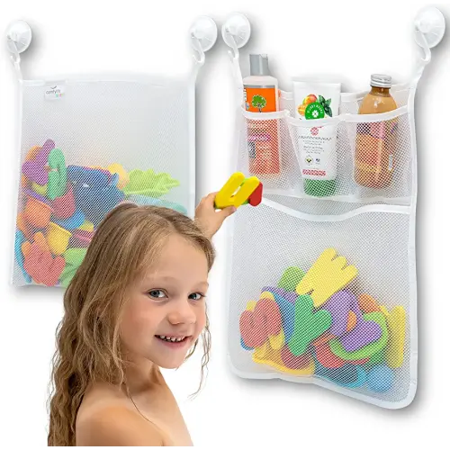 2 x Mesh Bath Toy Organizer + 8 Ultra Strong Hooks – The Perfect Bathtub Toy Holder & Bathroom or Shower Caddy – These Multi-use Net Bags Make Baby Bath Toy Storage Easy – For Kids & Toddlers