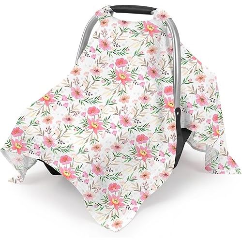 Car Seat Cover Baby, 100% Muslin Cotton Infant Car Seat Canopy, Universal Baby Car Seat Cover, Breathable Nursing Cover Canopy Shower Gift Floral