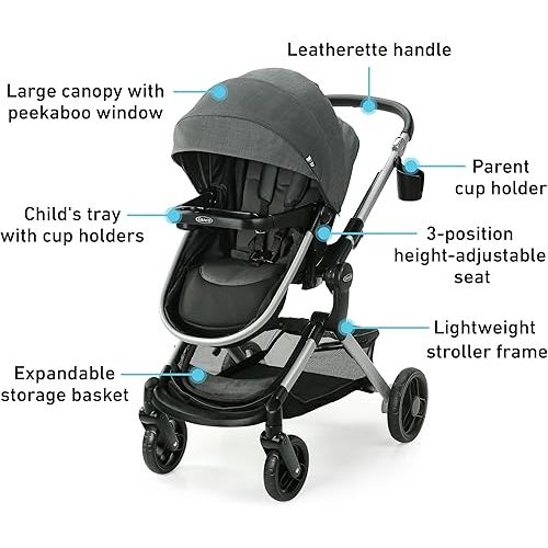 Graco Modes Nest Travel System, 3-in1 Modular Carseat Stroller Combo, Adjustable Slide2Me Infant Car Seat Carrier to Toddler Stroller, Includes the SnugRide DLX Infant Car Seat, Sullivan