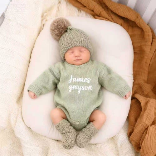 Embroidered Baby Outfit, Keepsake Embroidered Knit Oversized Sweater Romper, Baby Romper, Birthday Gift for Baby, Infant Name Bodysuit Gift