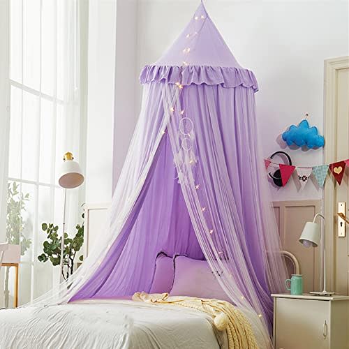 VETHIN Bed Canopy Double Layer Princess Round Dome Dreamy Mosquito Net Bedding Girls Room Castle Play Tent Hanging House Decor Reading Nook Canopies(Purple/White)