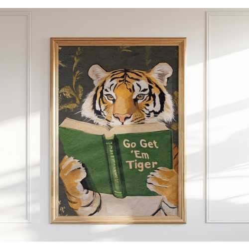 Motivational Tiger Reading Print: Humorous Bookworm Wall Art for Library, Office, or Study Decor
