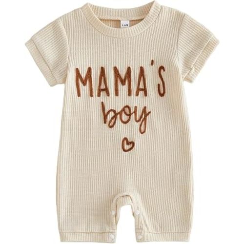 Newborn Baby Boy Summer Outfit Romper Letter Embroidery Short Sleeve Jumpsuit Bodysuit Cute Infant Waffle Clothes