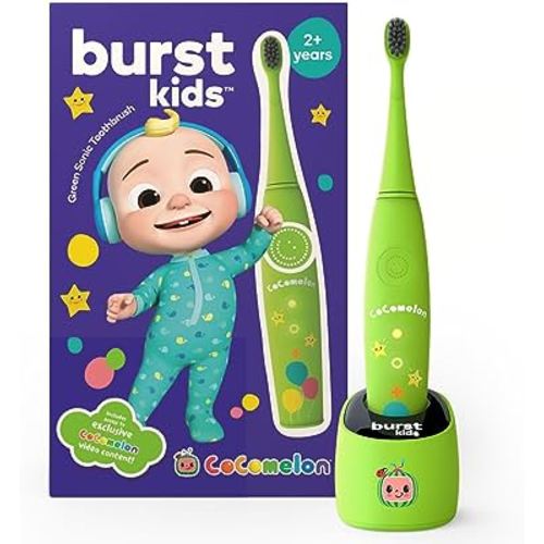 CoComelon x BURSTkids Kids Electric Toothbrush, Soft Bristle Kid & Toddler Toothbrush, 2-Minute Timer, Rechargeable Battery, Easy-Grip Silicone Handle, 2 Brush Modes, Ages 2+, Green with JJ