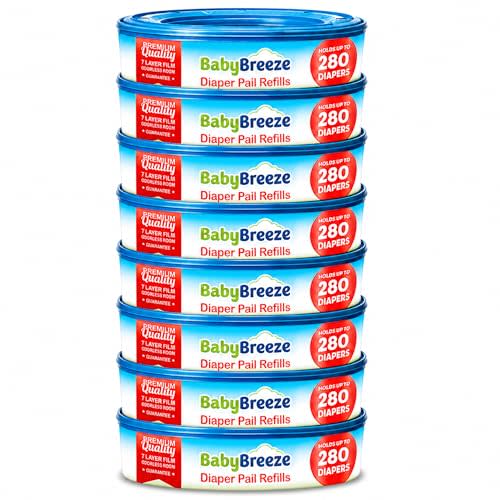 BabyBreeze Diaper Pail Refill Bags Compatible with Playtex Diaper Genie Pails Odor Absorbing Diaper Disposal Trash Bags - 2240 Count (8-Pack)