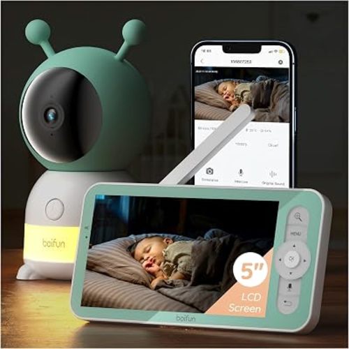 BOIFUN 2026 Upgraded 2K WiFi Baby Monitor with Camera and Audio, Smart Night Light, APP & 5" Split-Screen Control, Motion/Cries/Sound/Custom Alarm Zone Detect, Auto Tracking, Humidity Temp Detect