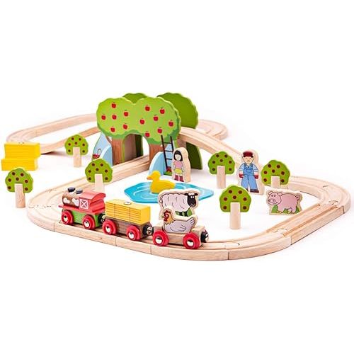 Bigjigs Rail, Farm Animals Wooden Train Set, 44 Piece Train Set, Wooden Track, Engine and Carriages, Farm Toys, for 3 Year Olds