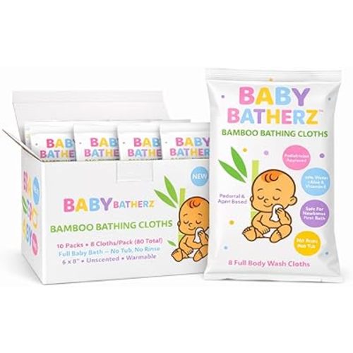 Baby Batherz™ Premium Newborn Bathing Cloths – No-Rinse Full Body Baby Bath, Safe for Umbilical Cord Care, Newborn Bath No-Tub, Warmable, New Mom Essential, Not Diaper Wipes. 10 Packs (80 Cloths)