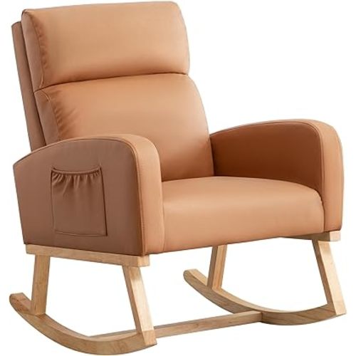 Rocking Chair Nursery, Uplostered Leather Rocker Nursing Chairs with Wood Legs and Side Pocket, Comfortable Glider Roking Chair for Nursery, Living Room, Bedroom,Teddy, Leather Brown