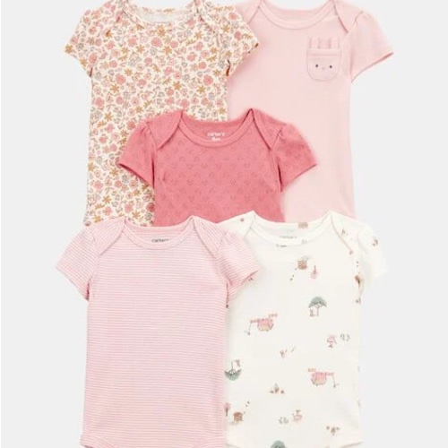 Baby Girl 5-Pack Floral Bunny Short-Sleeve Cotton Bodysuits - Pink | Carter's