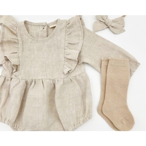 Baby Girl Linen OAT Ruffle Bubble Romper | OPTION SETS Socks + Bow + Cardigan | Gabriella - Etsy
