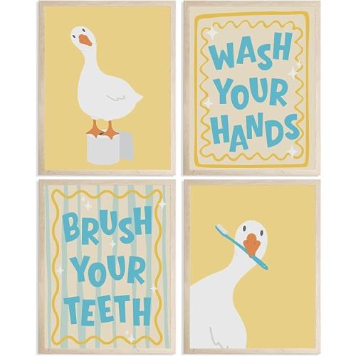 zxcvbn888 4Pcs Funny Bathroom Wall Art Kids Bathtub Wall Decor Yellow Goose Posters Canvas Kids Duck Toothbrush Pictures Washroom Cute Prints Painting for Child Bathroom Restroom Unframed