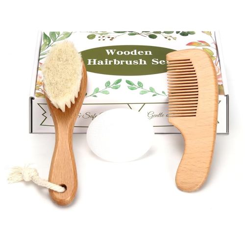 Baby Hair Care Kit, Wooden Natural Goat Bristles Brush Cradle Cap Comb + White Baby Shower Scrubber Set for Newborn Toddler Boys Girls Baby Grooming Kit